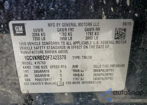 2015 Chevrolet Silverado K1500 Lt from USA, damaged, VIN 1GCVKREC0FZ423379